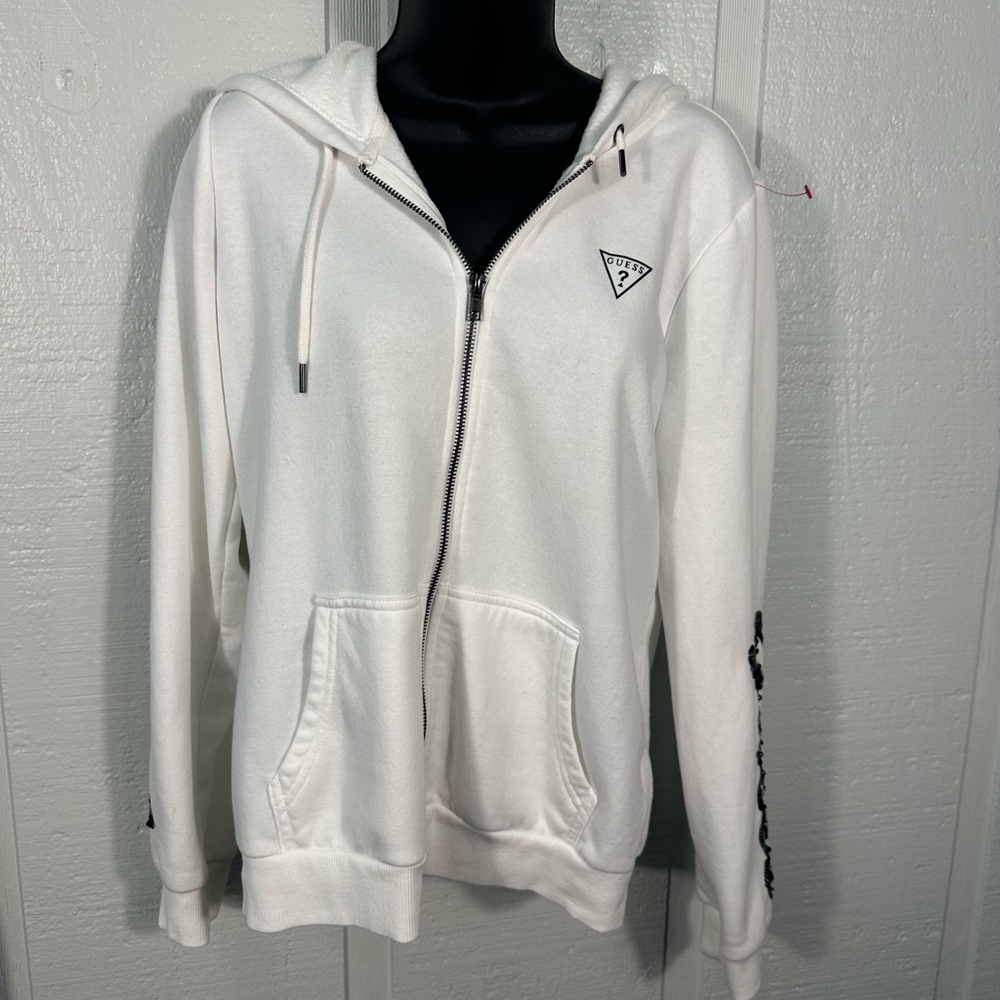 Guess White Zip up Hooded Jacket with Sequins Size Medium EUC